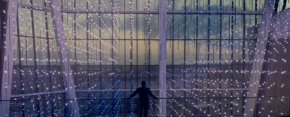 Conceptual Rendering of a suspended artwork of lights controlled by data